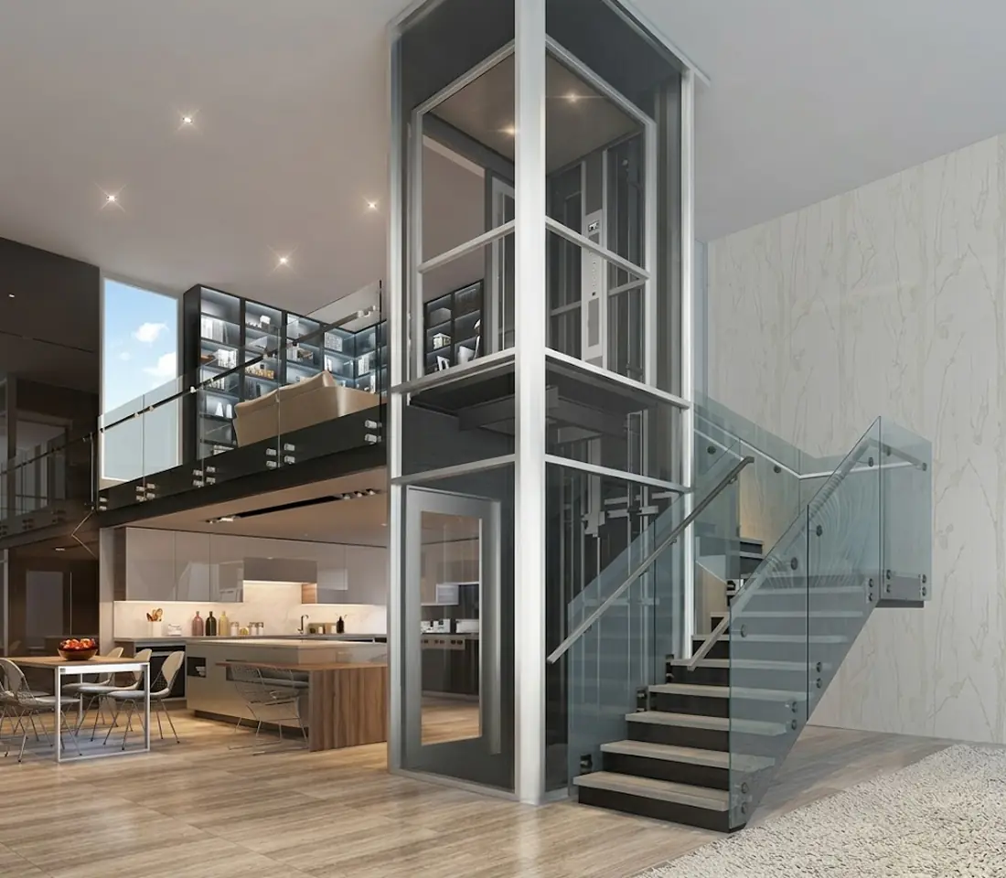 Rendered interior with a bronze framed glass elevator door set into a beige wall beside an illuminated staircase with a brass handrail.