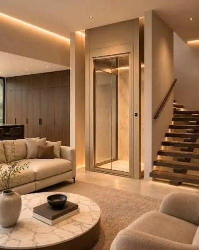Black framed glass ESTELLA shaft installed beside a wood panelled staircase with warm LED strip lighting under the treads.