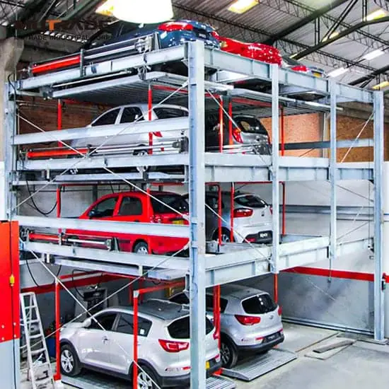 Automated parking system with cars stacked on platforms