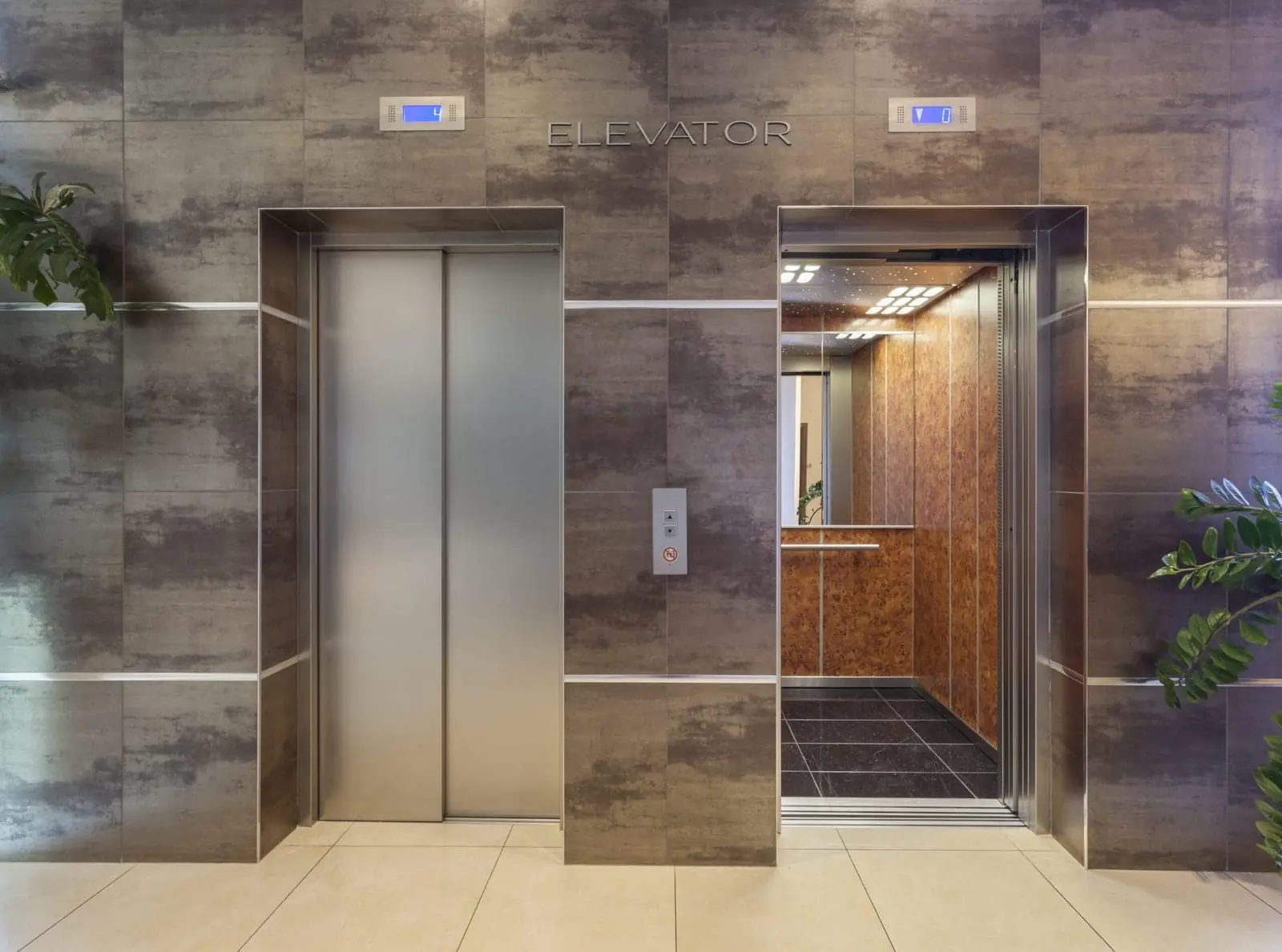 Busy commercial lift lobby in a mall or hotel, SKYWAY cabin
