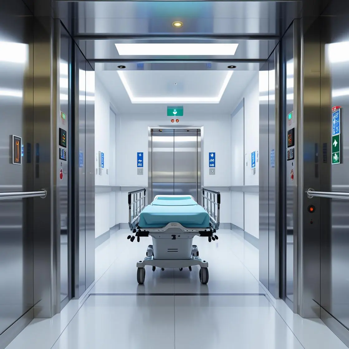 A hospital gurney parked at the open doors of a stainless steel stretcher lift in a corridor lined with safety and wayfinding signage.