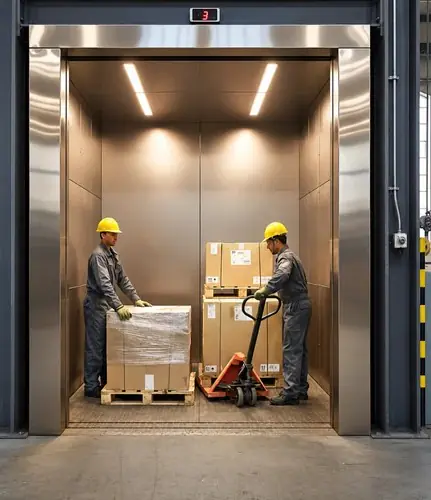 Two workers in yellow hard hats and grey coveralls load a stainless steel freight lift with a pallet jack and wrapped cartons.